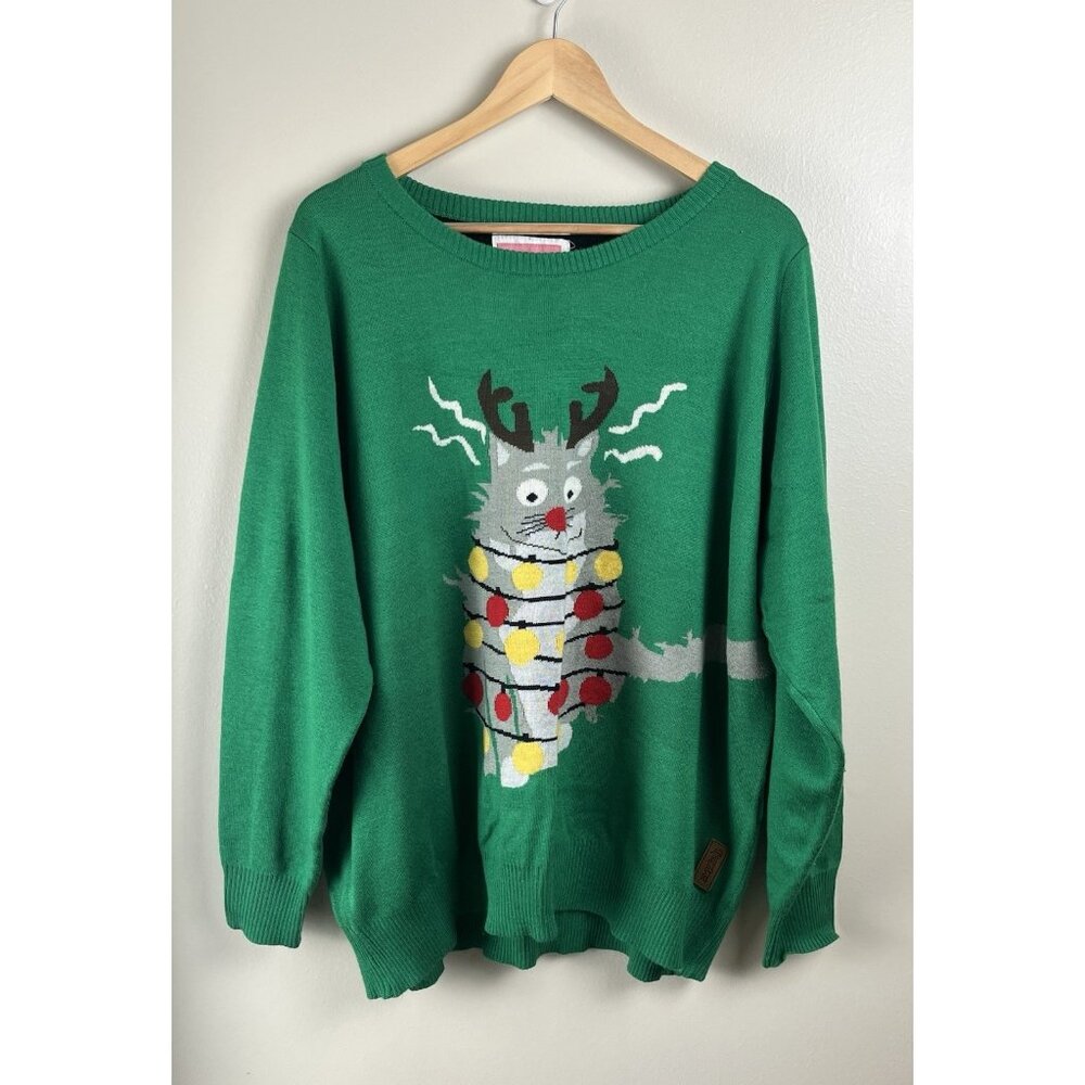 Tipsy Elves‎ Women's XXL Christmas Sweater Electorcuted Cat Green Ugly EUC